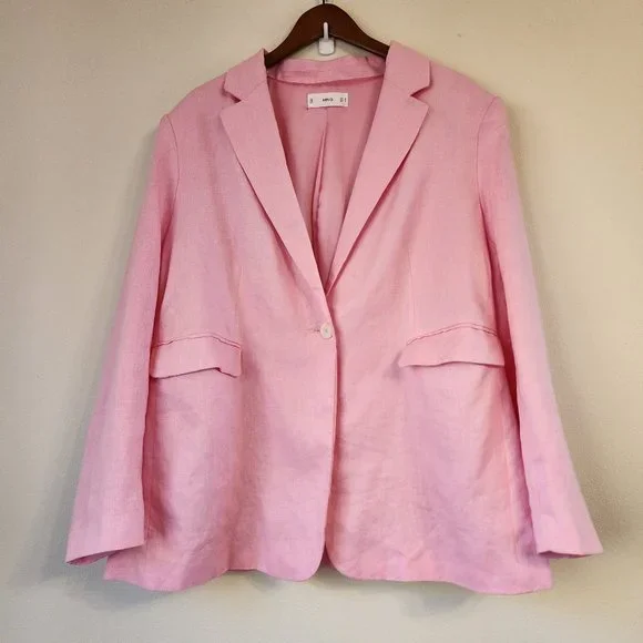 MNG by Mango Women Blazer Suit 100 Linen, Line, 1 botton front, Pockets, Lined - Picture 1 of 15